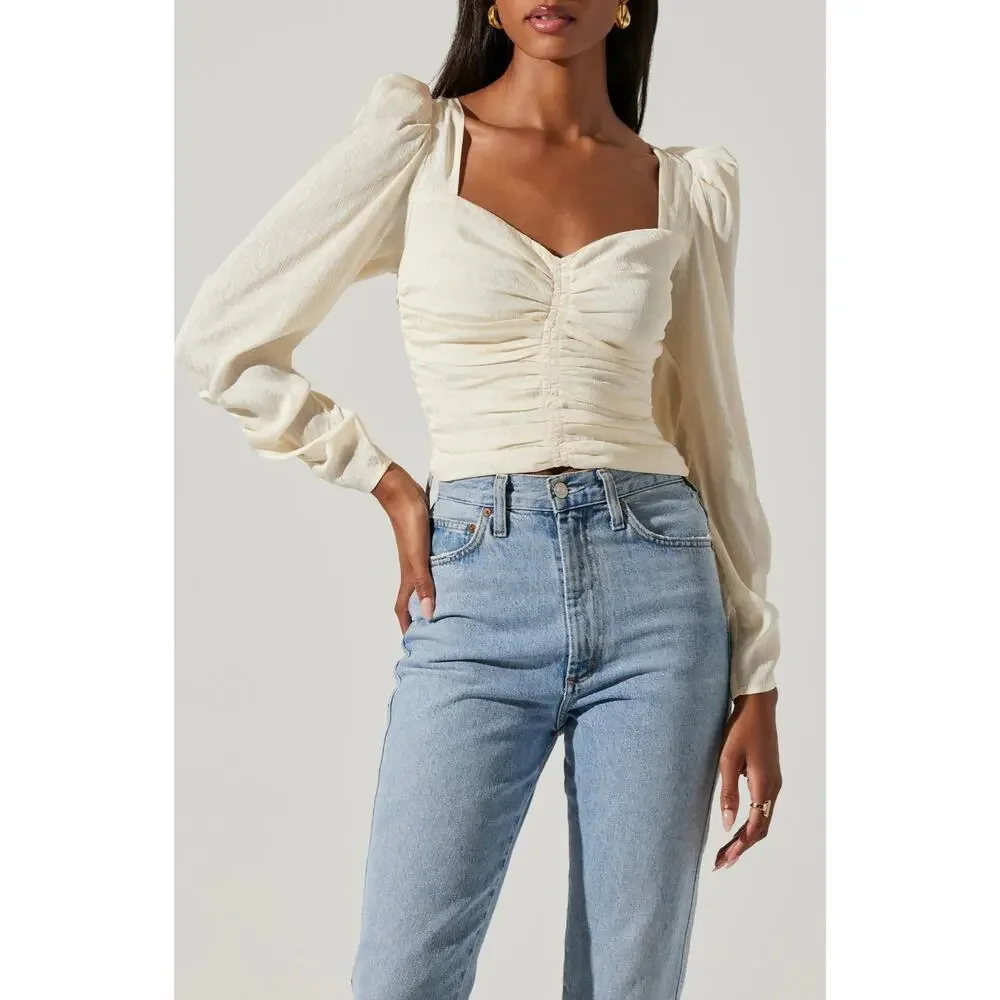 ASTR Ruched Cropped Blouse Small Cream Smocked Party Romantic Coquette Bridal